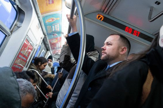 City Council Speaker Corey Johnson looking very serious in one of 17 photos that feature him in various forms of transit, in his report on changing transportation in New York City